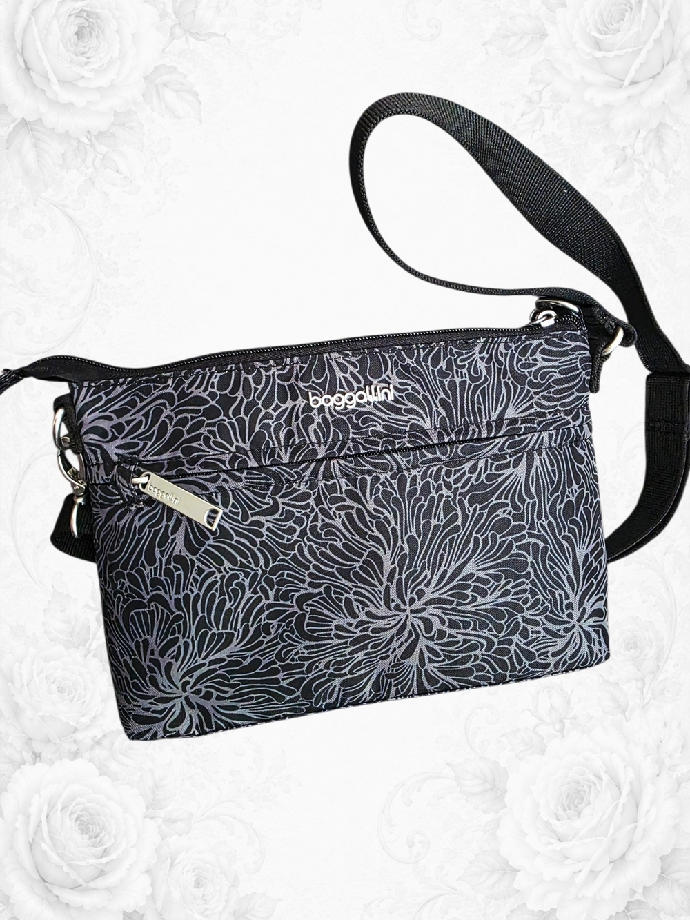 New Baggallini RFID Locking Zipper Floral Travel Crossbody Messenger Bag